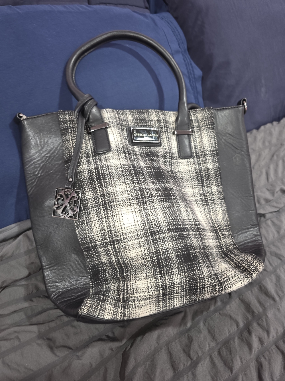 Christian Lacroix Black and Cream Plaid Tote Bag